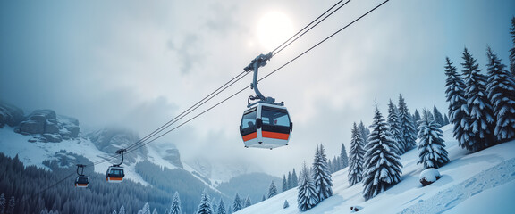 Mountain cable car traveling through snowy landscape under sunlight  