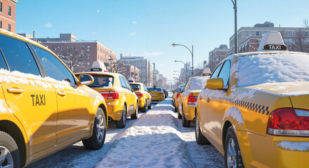 Yellow taxis parked on snowy street in urban winter setting  