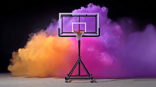 A basketball hoop with colorful smoke in the background, featuring purple and orange hues, set against a dark backdrop