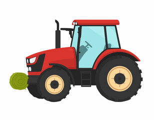 Obraz premium Illustration of a red tractor with a green ball attached to the front, set against a clean white background with a cartoonish style and vibrant color scheme.