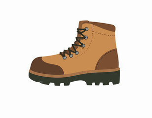 Illustration of a tan and brown hiking boot with black laces and sole on a white background.