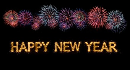 Greeting card happy new year 2026 beautiful holiday web banner or billboard with golden sparkling text happy new year 2026 written sparklers on festive blue background with firework