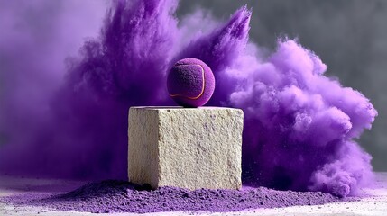 A tennis ball on a textured stone block surrounded by vibrant purple powder, creating a dynamic and colorful scene