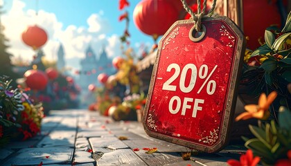 Vibrant discount tag in a blooming garden with red accents