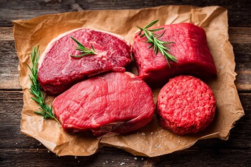 Various cuts of fresh beef including steak and ground meat are arranged on parchment. Rosemary sprigs and salt enhance the presentation, showcasing a vibrant display of meat