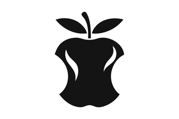 Black apple core silhouette with stem and leaves against a white background