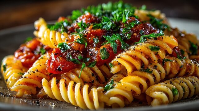 Close up of delicious fusilli pasta dish with tomato sauce - Powered by Adobe