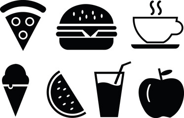 Black and white food icons featuring pizza burger coffee and more