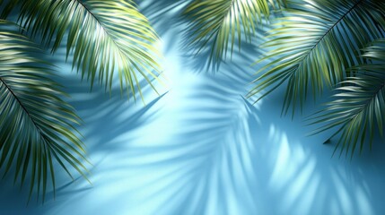 Fototapeta premium Palm leaves cast shadows on light blue backdrop