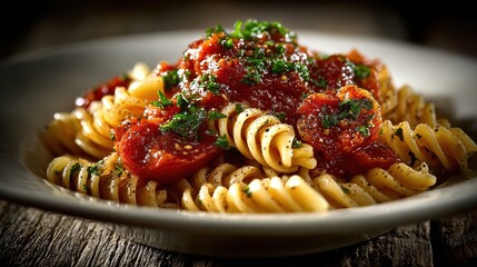 Close up of fusilli pasta with tomato sauce in a white bowl