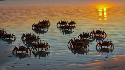 Ai generative Crabs scuttling across shimmering wet sand at sunset, a mesmerizing coastal migration at golden hour, perfect for nature documentaries or travel promotion