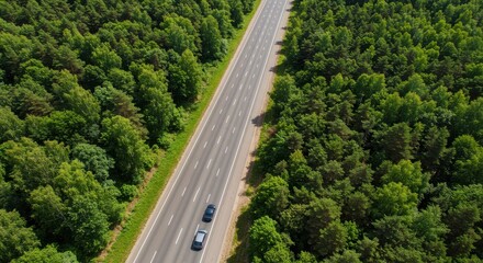 Aerial view of over forest land perfect asphalt highway road and meadow at sunny summer morning near green trees drone view forest sunset aerial view scene