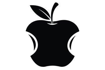 Black monochrome icon depicts an apple with stem and leaf partly eaten on white