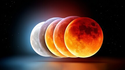 A sequence of moon phases showing a lunar eclipse, transitioning from full moon to blood moon, with a dark starry background