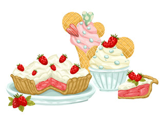 A delightful vector composition of hand-drawn desserts. The image features a strawberry tart, strawberry tart slice, strawberry ice cream cones, and lemon desserts