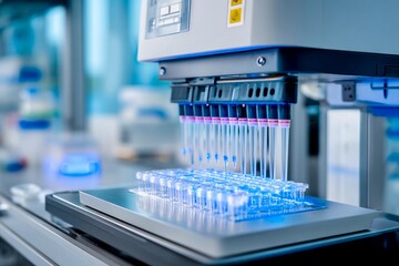 High-tech liquid handling system in a laboratory setting. The equipment showcases precision with multiple pipettes transferring samples into a clear tray, emphasizing modern scientific techniques