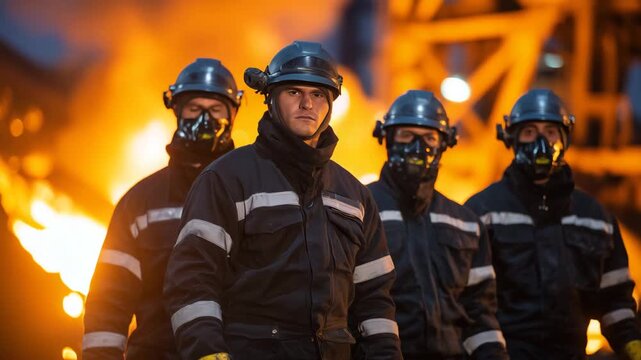 154Diverse crew of hot metal cleaners standing near industrial equipment, safety protocols visible in helmets, visors, and gloves, dramatic glow of molten metal in background