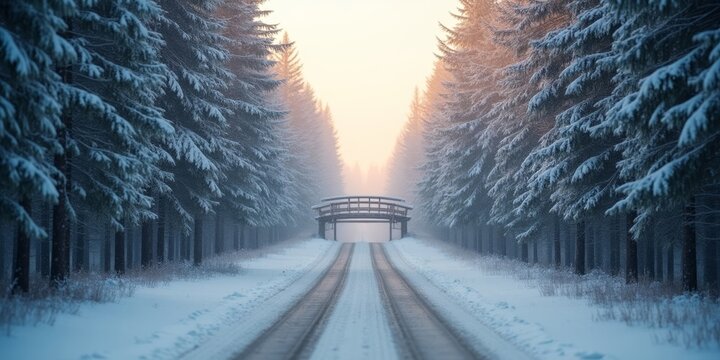 Snowy forest road with wooden bridge and morning mist aerial view