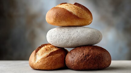 A stack of freshly baked artisan bread rolls in various colors and textures, with a blurred background