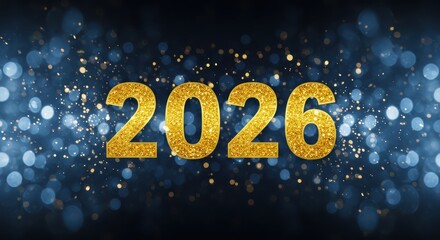 golden glittery 2026 text on a dark blue background with bokeh light effects