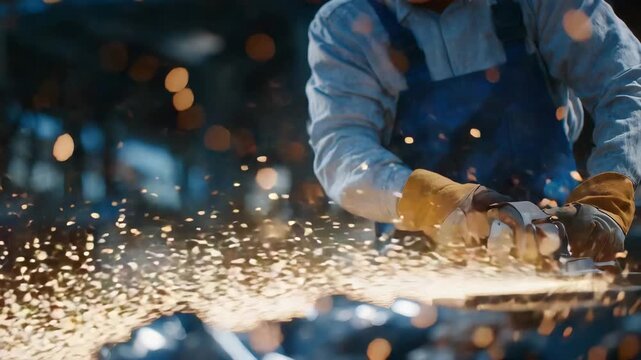 182Hands of worker controlling abrasive regenerator with sparks and dust flying, machinery surfaces reflecting bright industrial lighting