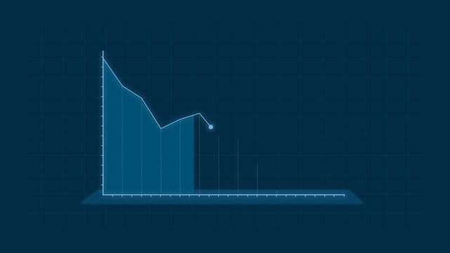 Glowing blue line graph crash animation with dynamic data motion showing progress falling down on dark blue background. 4K animated chart for business failure, loss visualization, and market down.