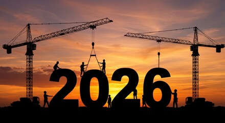 Silhouette of workers at a construction site building 2025 against a sunrise,  future, progress, development, labor, teamwork, construction 
