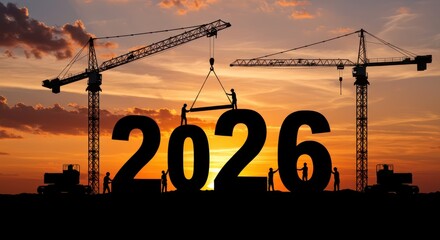 Silhouette of workers at a construction site building 2025 against a sunrise,  future, progress, development, labor, teamwork, construction 