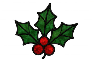 Holly leaves and red berries in a classic stained glass style, celebrating winter holidays and christmas traditions