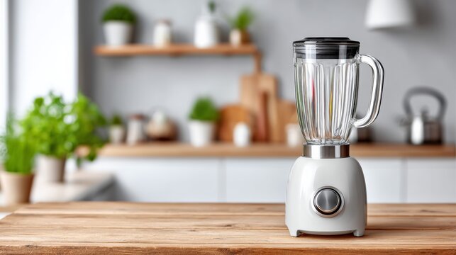 A modern kitchen scene featuring a white blender on a wooden countertop, with a blurred background of shelves filled with plants and kitchenware - Powered by Adobe