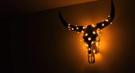 Bull or Longhorn Skull Adorned with Warm String Lights Glowing in the Dark