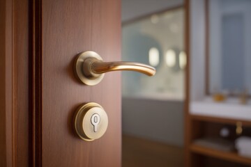 Obraz premium Ajar door to the bathroom. Modern brass door handle and lock. Dark brown wooden restroom open door with brushed copper hardware. Doorknob. Contemporary living space. Cleanliness and hygiene. Entrance.