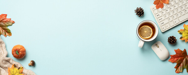 Autumn workspace flat lay background.