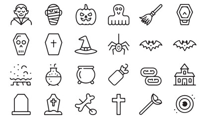 Black line Halloween vector pack with creepy doodles of ghosts, pumpkins, and bats for design projects