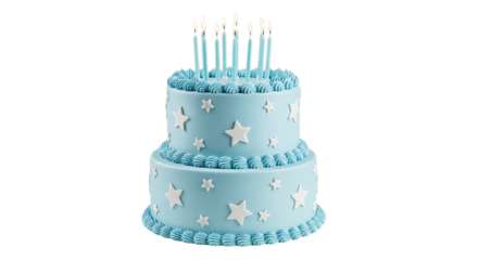 A beautiful baby blue two tiered birthday cake decorated with white stars and lit candles perfect for a special celebration