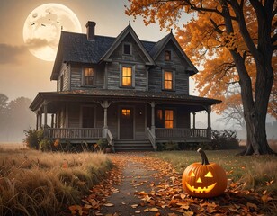 Spooky wooden house with porch at night, Jack O'Lantern, autumnal foliage