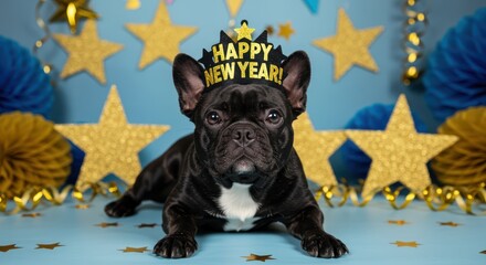 Adorable Black French Bulldog Dog Wearing Happy New Year Hat Lying Down on Festive Blue Background with Gold Stars and Decorations