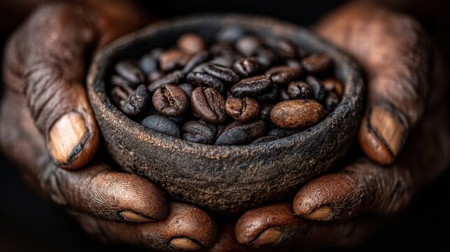 Hands cradling a bowl filled with roasted coffee beans close up