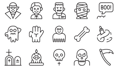 Halloween line art icon set featuring spooky monsters, ghosts, and skeletons for horror vector design
