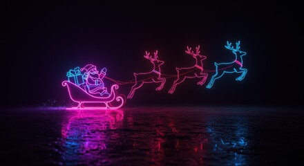 Santa’s sleigh outlined in neon light, pulled by glowing reindeer flying across a starry sky
