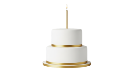 Elegant white two-tier cake with a single golden candle lit on top symbolizing celebration milestone anniversary birthday party special occasion festive event