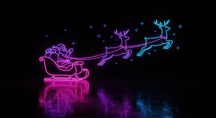 Santa’s sleigh outlined in neon light, pulled by glowing reindeer flying across a starry sky