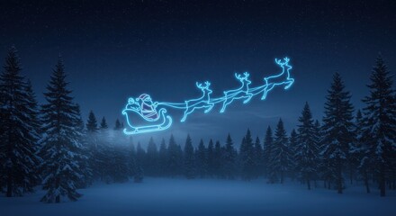 Santa’s sleigh outlined in neon light, pulled by glowing reindeer flying, flying, sky, starry sky, stars, night, night sky, Christmas, holiday,