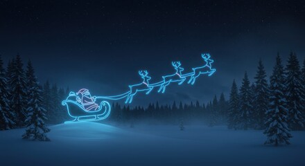 Santa’s sleigh outlined in neon light, pulled by glowing reindeer flying, flying, sky, starry sky, stars, night, night sky, Christmas, holiday,