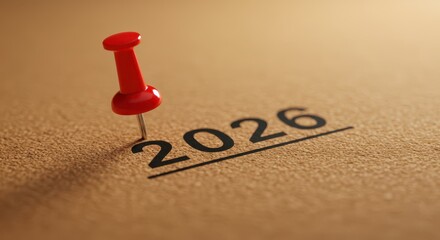 Red pin marks year 2026 on brown paper, year 2026, 2026, brown paper, paper background, calendar, date, new year, future