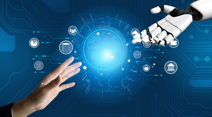 Obraz na płótnie Canvas An AI powered global business network and digital infrastructure. A worldwide connection of AI services for data, finance, and communication. Motif