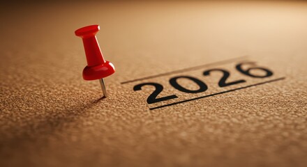 Red pin marks year 2026 on brown paper, year 2026, 2026, brown paper, paper background, calendar, date, new year, future