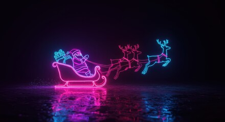 Santa’s sleigh outlined in neon light, pulled by glowing reindeer flying across a starry sky