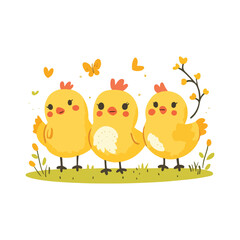 Three cute yellow chicks standing on grass with a butterfly