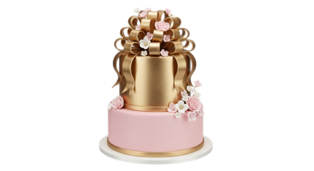 Elegant two tier celebration cake adorned with a large golden bow and delicate pink and white sugar flowers perfect for weddings birthdays and special events
